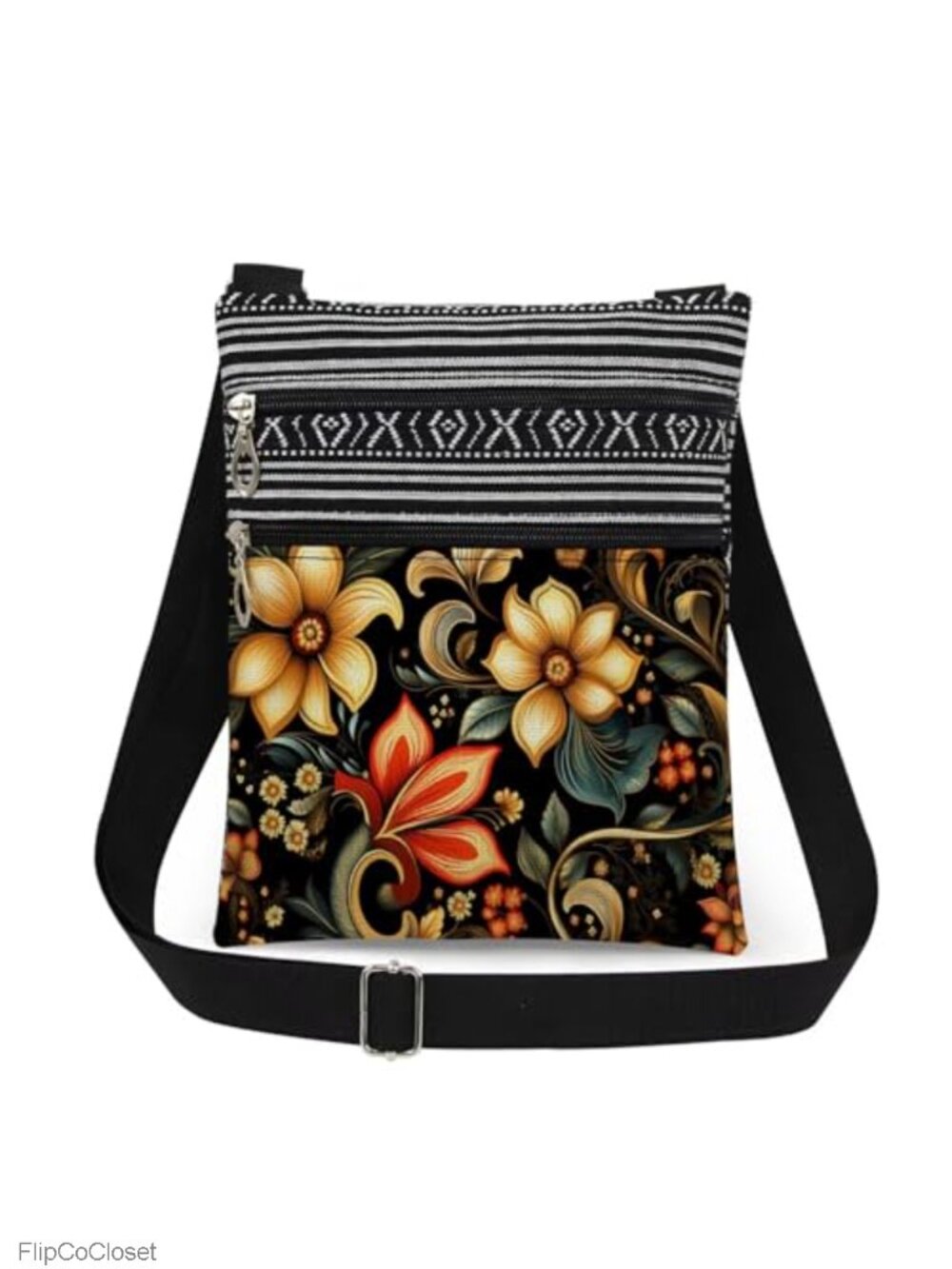 Floral Polyester Crossbody Bag Adjustable Strap Dual Pocket